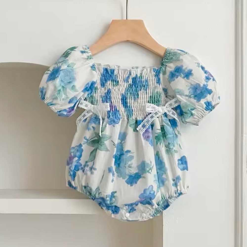 Blue Floral Smocked Baby Romper